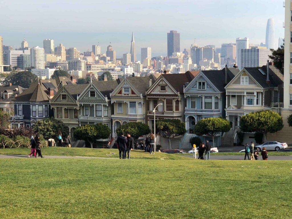 people-walking-grassy-field-against-houses-city